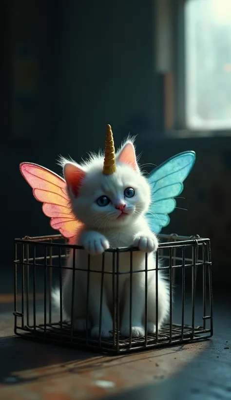 The unicorn-like white kitten  having colourful wings and horn sits sadly  and crying inside a small metal cage . . The room is dark, with the only light coming from a single dusty window, giving the scene a somber, lonely feeling.