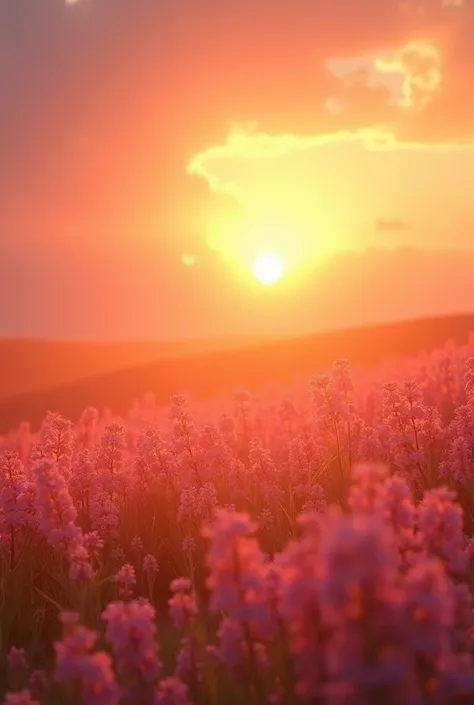 Fond légèrement flouté d’une prairie pleine de fleurs, pour donner un effet apaisant et naturel, sur fond rouge.Un soleil rayonnant au coin supérieur de l’image ou en arrière-plan pour rappeler la D3, avec des rayons doux illuminant la scène
