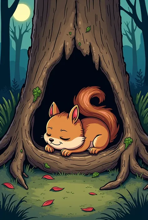 Illustration comic book style funny, cute but more realistic small squirrel sleeping in his wood trunk lair at night 