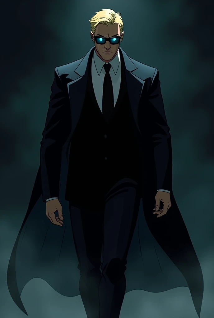 (( better quality)), ((masterpiece)), ( in detail) fan art of evil  blonde man (Guy Pearce)  in a pitch-black suit , appearing from the shadows ,  blonde ((Guy Pearce))  coming out into the light towards the camera, Guy Pearce, Matrix (1999),  square sungl...