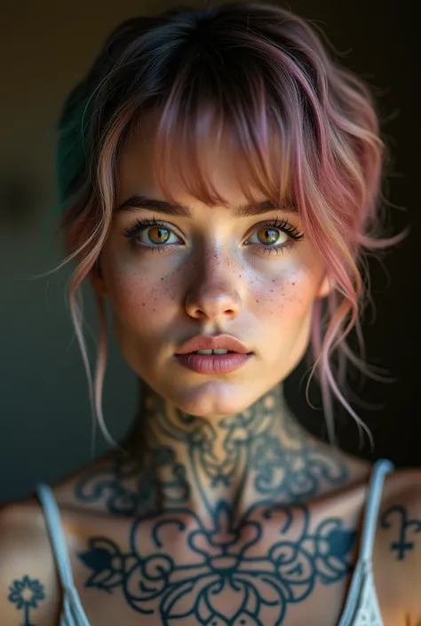 A stunning and intricate full color portrait in Ultra-HD, 24 year old girl, short multicolored hair, brown eyes, makeup, detailed face, tattoos, tank top, epic character composition, alessio albi. nina masic, sharp focus, natural lighting, subsurface dispe...