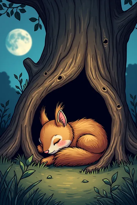 Illustration comic book style cute but more realistic small squirrel sleeping in his wood trunk lair at night 