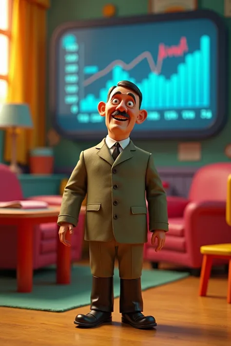 Adolf Hitler in a fun room with a large background screen with graphs of values that go up a lot