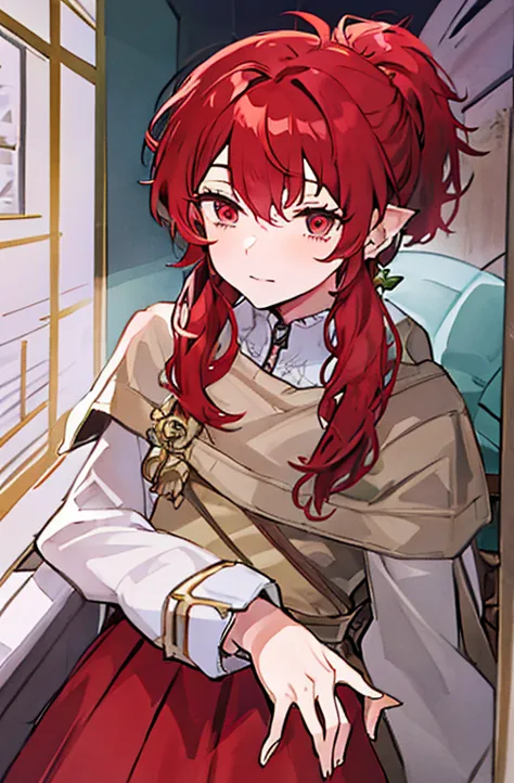 shoulder hair,  ponytail,  no bangs , red hair,  golden eyes, high school girl, royal,  portrait , bad boy