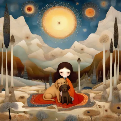 Patchwork by Klimt, Nicoletta Ceccoli, Naoto Hattori, Didier Lourenço, Leonora Carrington. In a forest clearing in winter, a woman is sitting, together with her (brown) Labrador dog, on a large blanket. Behind her is a wide valley with high snow-capped mou...