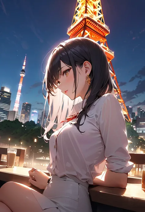 masterpiece,best quality,ultra detailed,high resolution,16k, beautiful,   1 girl,  black long hair by lla,Business shirts、 earrings for a woman alone, Outdoor、Married Woman,sunlight、Clear skies、Cafes in Tokyo、Skyscrapers in the background、 Tokyo tower 、bew...