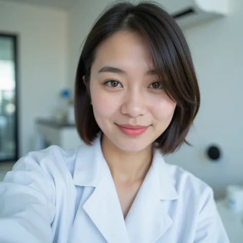 HDR,  beautiful selfie of a gorgeous young lady wearing a lab coat, bob cut hairstyle, smooth tidy hair, cute face, famous Japanese idol, guiding me, in the lab, smile, intricate facial features, lifelike, realistic, best quality, 8K, photography, (hyper d...