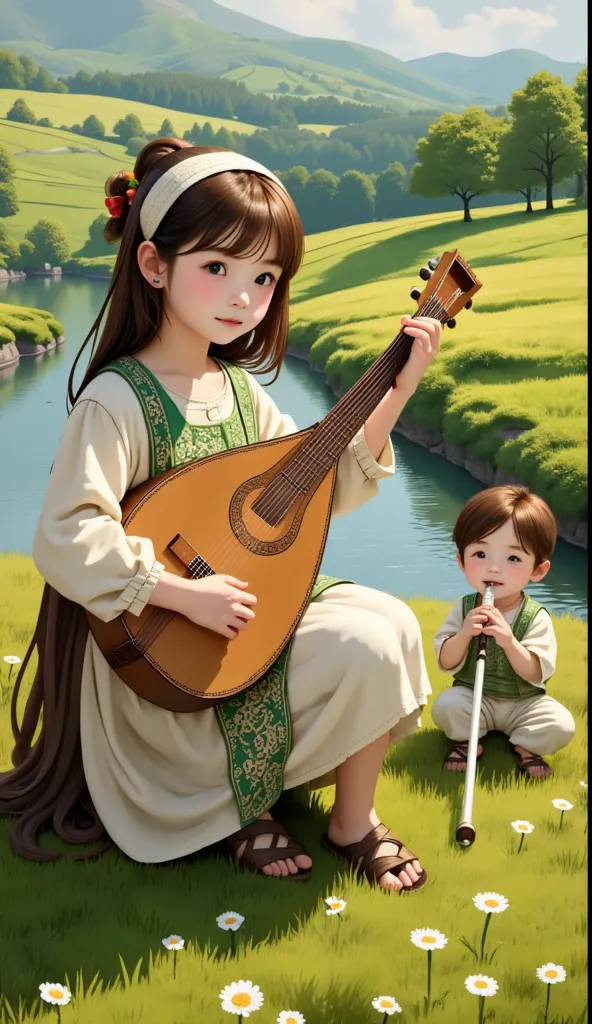 pastoral idyll/idyllic/pastoral idyll、young girl and boy 、((( the girl plays the lute and the young boy blows the flute:1.7)))、 ...