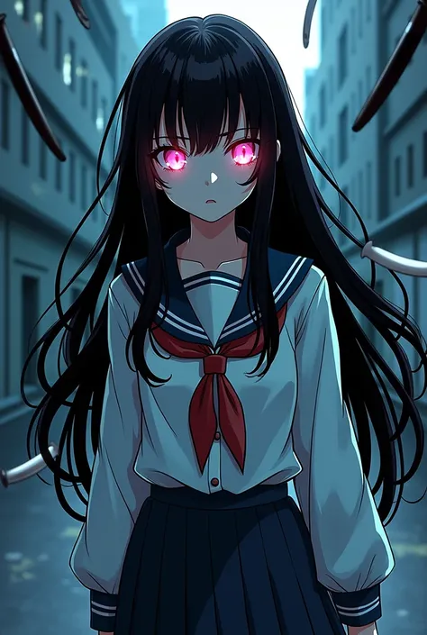 Girl with long black hair ,  school uniform,  Pink Eyes , Expressionless,  pretty face, female,  with multiple blades floating around the girl, comic book, dark city background, bright skin