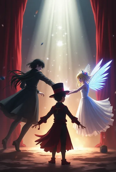 A 15-year-old boy wears a magicians hat in the theater, a black anime dress is fighting using the power of darkness, the black speck falls by the side, the one who is fighting is a fairy with a ring on his white head, blond hair uses the power of light, fl...