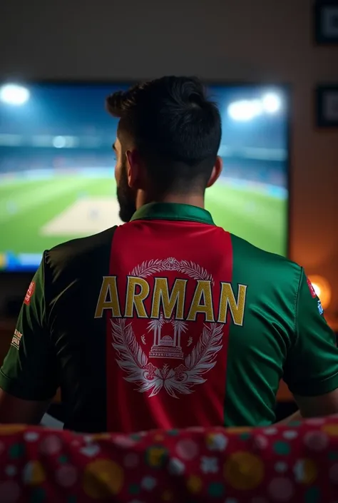 A man watching cricket match in tv wearing Afghanistan flag jersey. Write on the jersey (Arman)