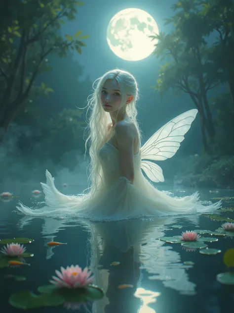 A fairy girl in a mysterious pond　night