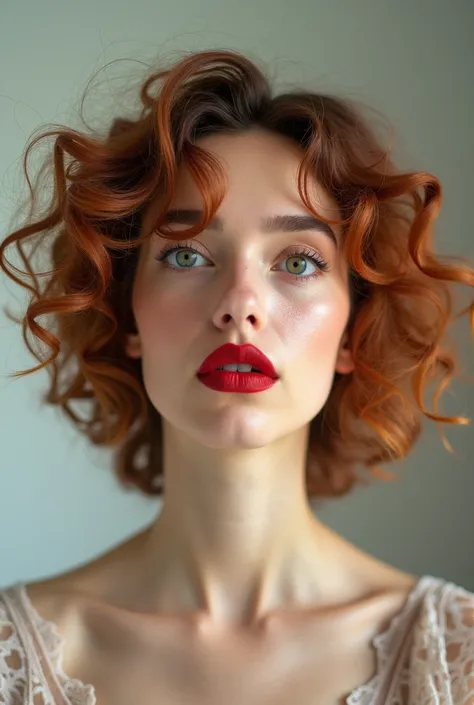  Photo of a womans face, she is surprised her mouth is closed, on a light background , lips painted , curly hair 
