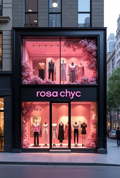 Make an image of the front of a clothing store with the pink and black color palette with the logo name "Rosa chyc"