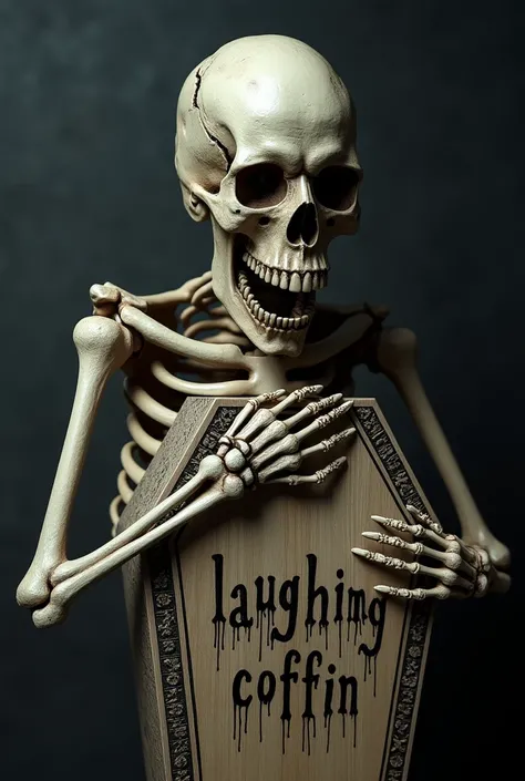 The skull of the skeleton is cracked into a wide, sinister grin, with long, bony fingers gripping an ornate coffin. The words "LAUGHING COFFIN" are etched in dark, dripping font on the coffin’s lid. The design contrasts sharp, jagged bones with the smooth ...