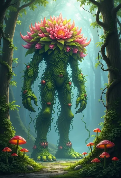 um colosso floral winx, fada majestosa e imponente, Um golem feito inteiramente de exuberante, Alien plants. Essa criatura, with aberration characteristics, Theres a magician, fairy appearance, with bright petals and shimmering leaves pulsing with mystical...