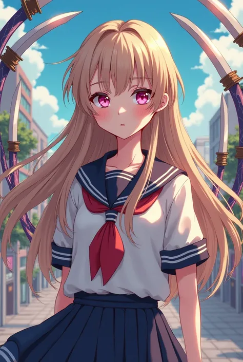 girl with long beige hair,  school uniform,  Pink Eyes , Expressionless,  pretty face, female,  with multiple blades floating around the girl, comic book, City background, bright skin