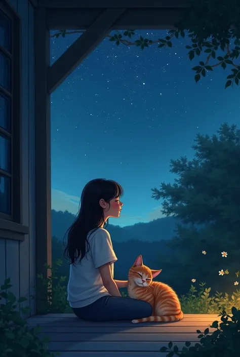 As night falls, they sit on the porch, gazing at the stars.  
The cat curls up beside her, purring as she strokes his fur.  
"Every moment with you feels perfect," she whispers.  