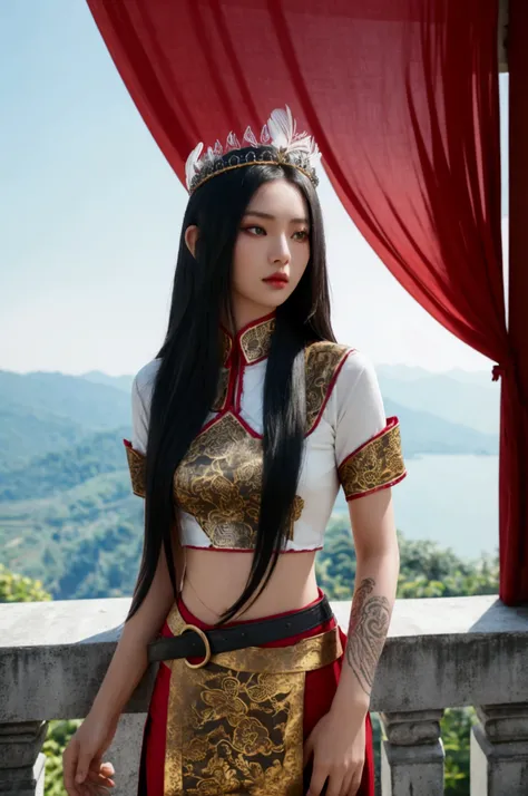 Stylish photography, Beautiful women, Vietnam ancient clothes, elegant long black hair, full of tattoos, dark red short-sleeved shirt with brocade trim, slit skirt and bronze belt, minimalist jade jewelry, wearing a very long and tall white feathers crown,...