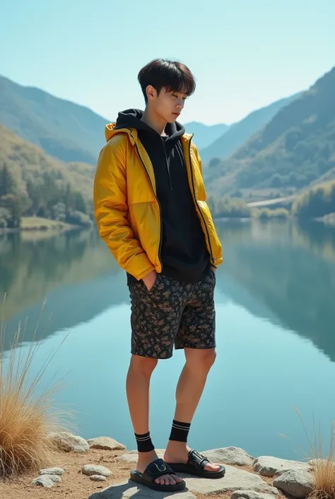 A korean guy standing by a lake with clear water surrounded by beautifully printed hills very boldly wears a metallic yellow hodie jacket daleman black shirt very intricately designed black pencil shorts wearing sandals with face facing a fujifilm HD camer...