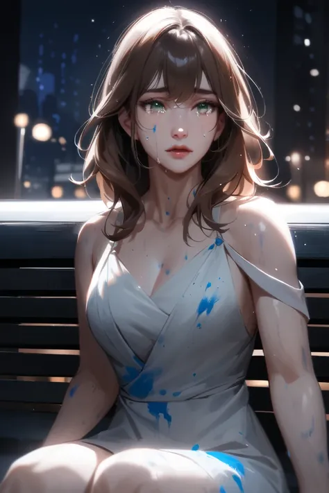 In a semi-realistic anime art style, a Caucasian woman with brown hair, green eyes, sitting on a park bench at night, tears in her eyes, wearing a classy white cocktail dress, has been splattered with blue paint and has visible blue splatter marks along th...