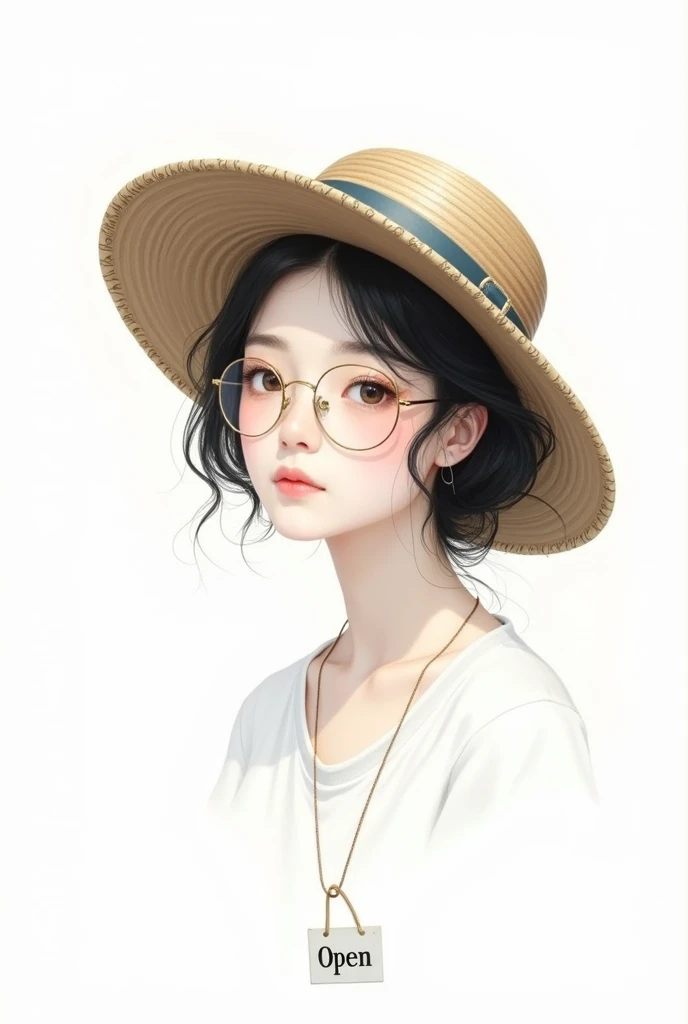   evokes a feeling of simple serenity ， The entire work is set against a pure white background ,  This image is fascinating . The face of a young girl, Decorated with a gentle ,  with kind eyes looking at the sides ,  A charming minimalist portrait . , car...