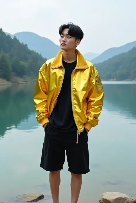 A korean guy standing by a lake with clear water surrounded by beautifully printed hills very boldly wears a metallic yellow hodie jacket daleman very intricately designed black t-shirt black Levis shorts wearing red shoes with a Fujifilm HD camera focus f...