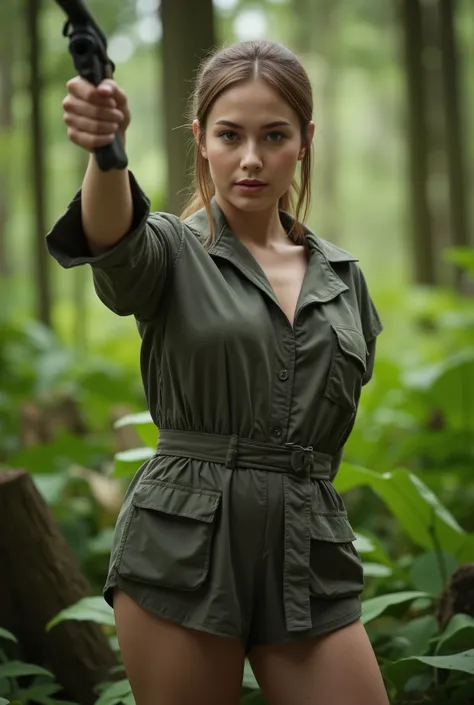 a beautiful young thai actress, 26 years old, slender figure, wearing hunter jacket, action pose holding riffle, photorealistic cinematic photo, lush primeval forest in thailand background, best quality,4k,8k,highres,masterpiece:1.2,ultra-detailed,realisti...