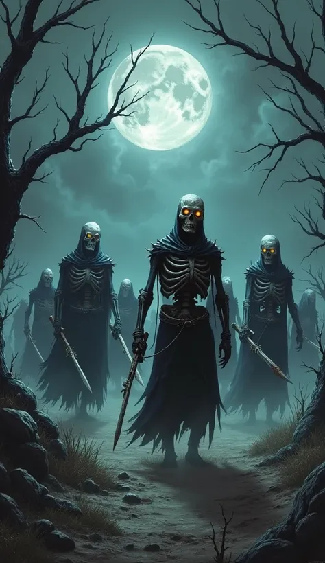 On a dark night, a small group of skeletal warriors prepare for battle. 