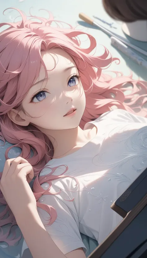 16-year-old girl, Kirara( Blue Archive)wind, Waking up, Messy Hair, Pink Hair,  white shirt, Short sleeve,  simple background, Slightly Sleepy Eyes ,  gentle smile , (masterpiece), ( best quality), ( super detailed),  very sophisticated, Illustration,  per...