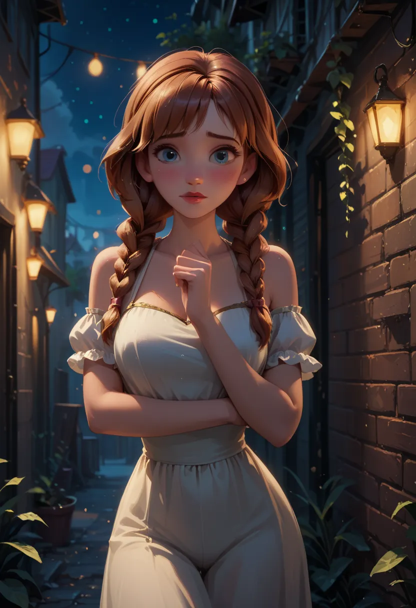 score_9, score_8_up, score_7_up, 1girl, solo, beautiful waifu, mature woman, very sexy (disney's anna, brown hair, braided pigta...