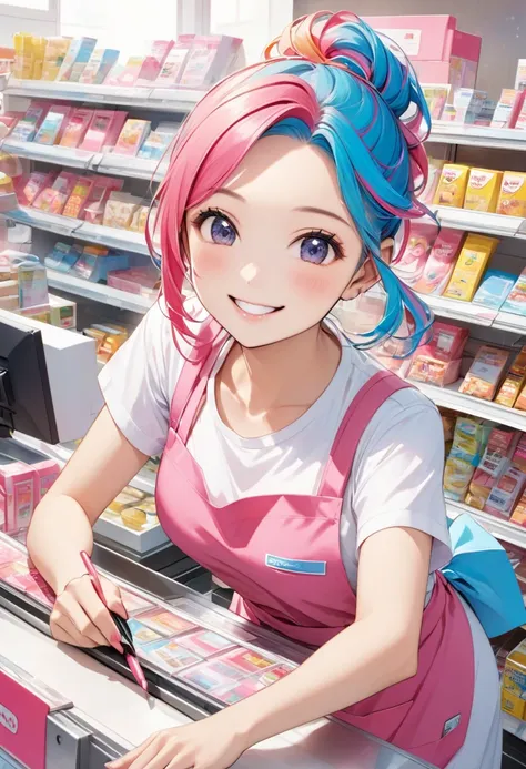 Smiling B-girl female clerk working at a convenience store、 colorful hair 、 pink apron