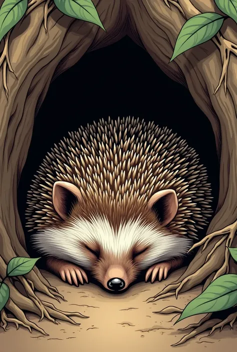 Illustration comic book style realistic small hedgehog sleeping in underground 