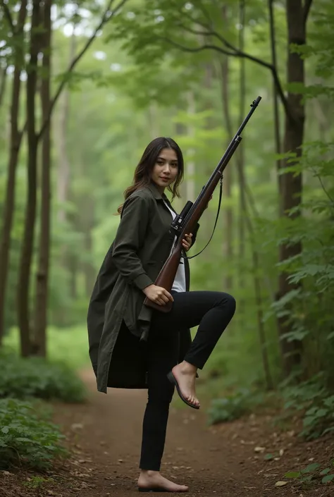 Full body, cinematic photos, thai actress 26 years old, beautiful, smart, slender,wearing hunter jacket, action pose holding riffle, background is primeval forest in Thailand, photorealism 