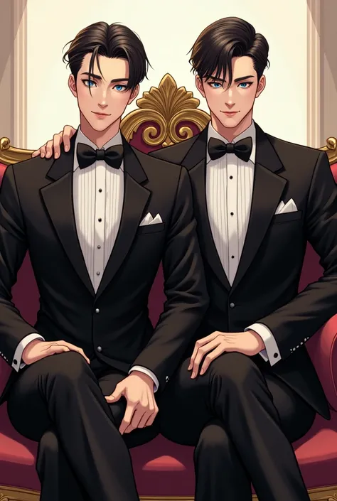 Two elegant twins sit side by side on an opulent, vintage couch with intricate carvings and plush upholstery, depicted in a detailed manhwa or anime art style. The man, styled as a refined manhwa character, is dressed in a perfectly tailored black tuxedo w...