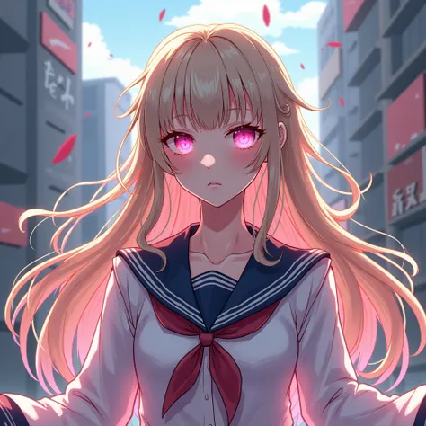 girl with long beige hair,  school uniform,  Pink Eyes , Expressionless,  pretty face, female,  with multiple blades floating around the girl, comic book, City background, bright skin