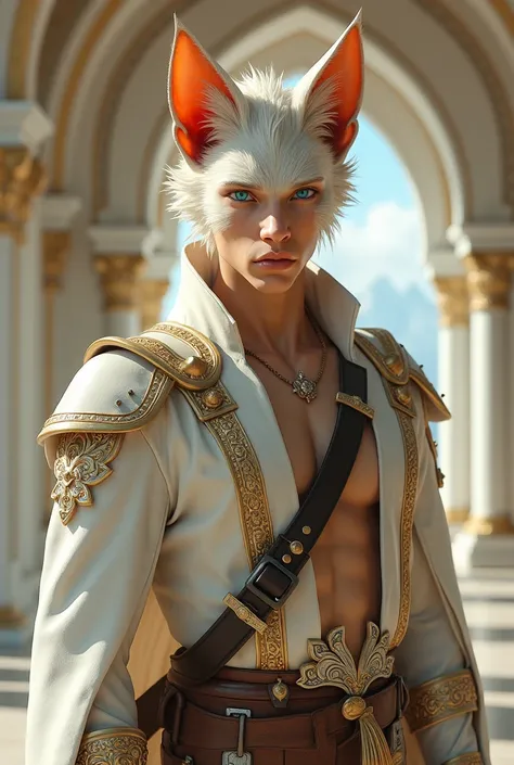 (Best quality)), ((perfect CG)), ((masterpiece)), 8k (detailed), ((perfect face)), perfect proportions, full body style of human male with cat features, cat ears, (((no human ear))), whiskers, dark orange hair, clean face, shaved face, blue eyes, white and...