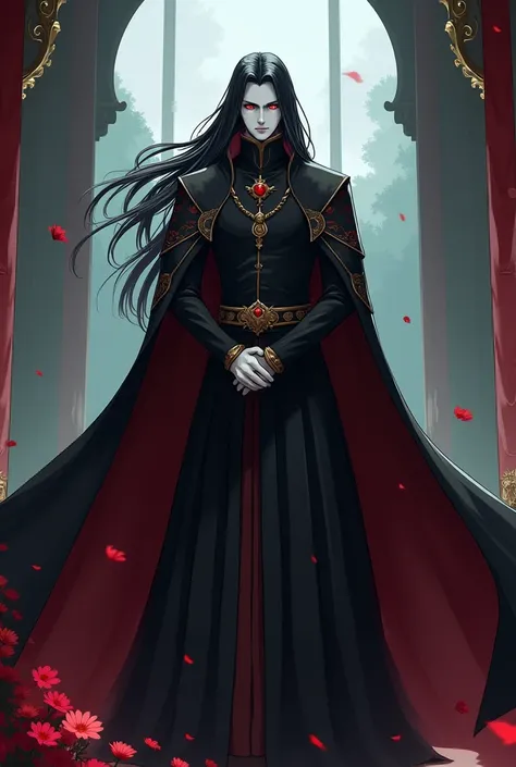 nobleperson  , person , White skin ,  black long hair ,  Deep red eyes , Anime , Middle Ages , handsome , Cold ,  Masterpiece,  Best Quality ,  high resolution model, 