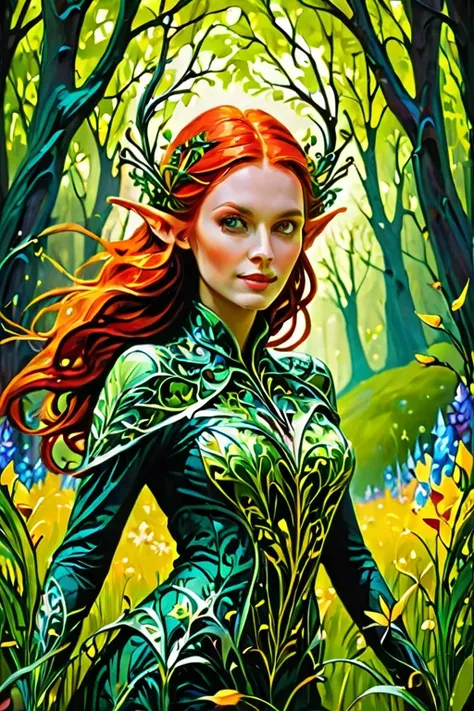 beautiful woman, red hair, forest in background, flowers, intricate details, masterpiece, hyper realistic, realism, photography,...