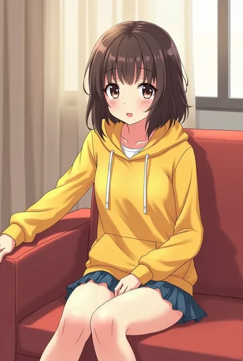 anime girl in a yellow hoodie sitting on a couch, an anime drawing inspired by Inoue Naohisa, pixiv, shin hanga, anime visual of a cute girl, anime moe artstyle, marin kitagawa fanart, painted in anime painter studio, young anime girl, an anime girl, smoot...