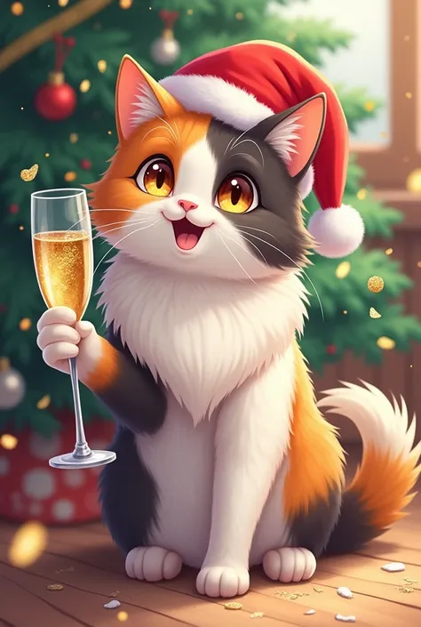 Un chat mignon, festif, tricolor et à poil long dans le genre animé. Avec un bonnet de Noël, un sapin de Noël en fond. Avec des pailettes qui tombe du ciel. Il tient une coupe de champagne dans sa patte 