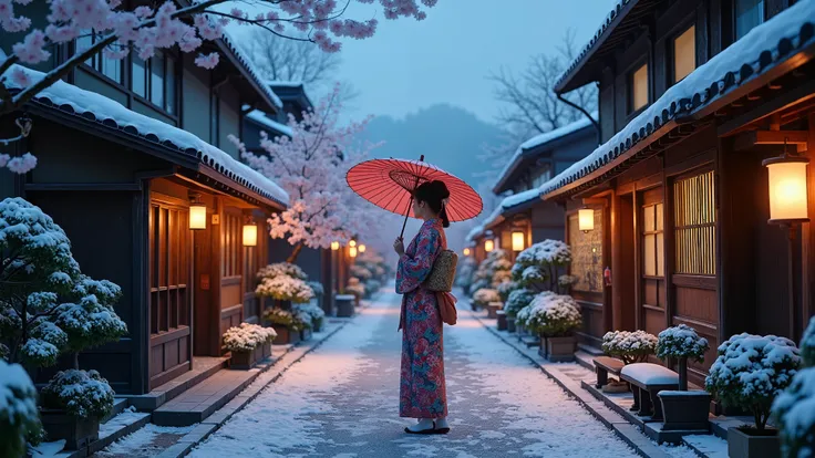 Hyperrealistic photo 8k
winter setting and Environment
 The scene takes place on a narrow covered in snow, cobblestone street lined with traditional Japanese wooden buildings. These buildings have slanted tiled roofs and wooden panels, with some featuring ...