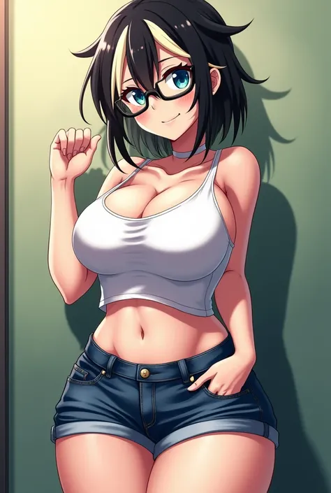 Female, chubby, anime style, one blue eye one green eye, tight jean shorts, no bra, white tang top. Medium short hair with black hair and cream white streaks, glasses, BIG breasts