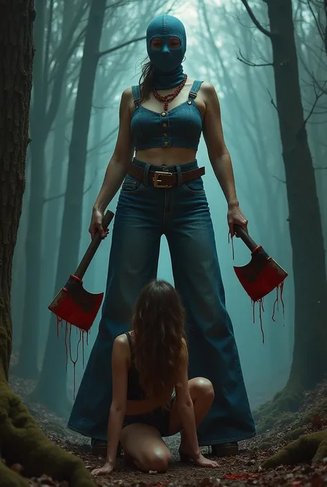 curvy denim balaclava masked bald female wear long disco bell bottoms wide belt high platform heels hold two large bloody axes stands aside before to the kneeling female victim in the woods