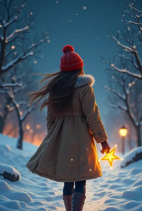 my (you can see her back, red woolen hat ,  brown open hair , Pullover)  put on her warm coat and trudged out into the snowy night.  The star floats by your side. In digital realism style  