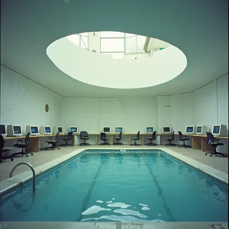 Liminal space, poolrooms ,  white tile walls , small tile , heavy vhs filter , blurred,  circular water slide , the water slide lead to the pool ,  wide space, old computers ,  windows 98 on computers ,  computer screen turned on with windows 98 ,  90s off...