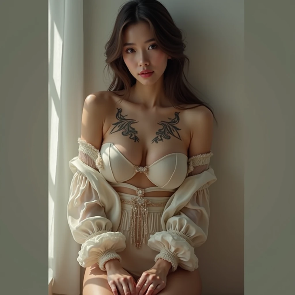 a close up of a woman Have a tattoo on her chest, of taiwanese girl Have a tattoo, beautiful Asian girl,  ผมหางม้, ผมยาวมาก, ผมยาวเป็นพิเศษ ยาว 2 เมตร, beautiful Chinese model , Beautiful Asian women, , Chinese girl,  she was wearing a black singlet , มีผิ...