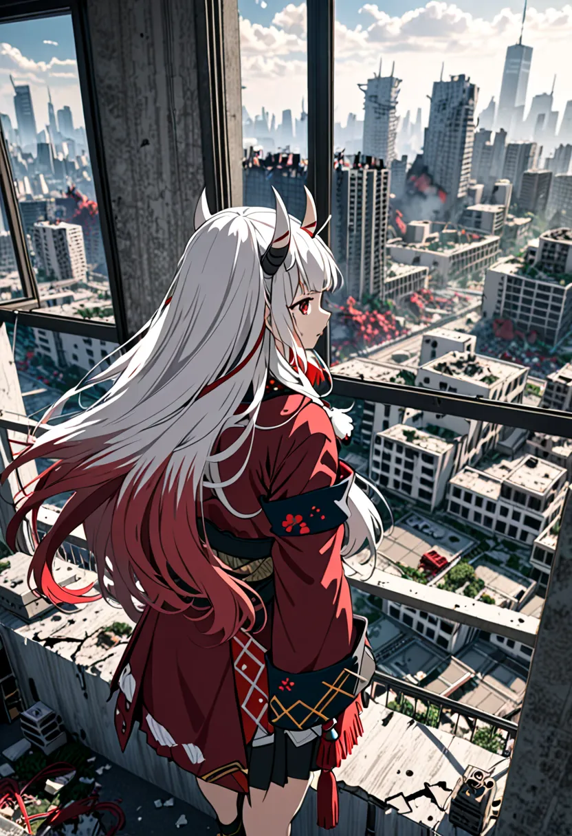 8K Ultra High-Quality, ultra-detailed, High quality, Nakiri ayame, white oni horns, long hair, side view, standing infront of window, modern bedroom, bombed city, destroyed city background
