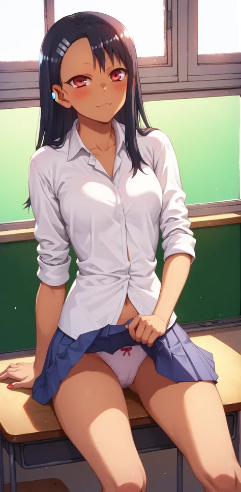 Nagatoro San     :       dressed in school uniform,   Sitting at the table  ,  Wearing fluffy white panties 