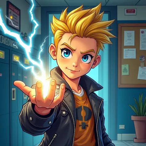 Boy with yellow hair,  leather jacket ,  blue eyes , Im wearing lightning on my hand, comic book,  school background 